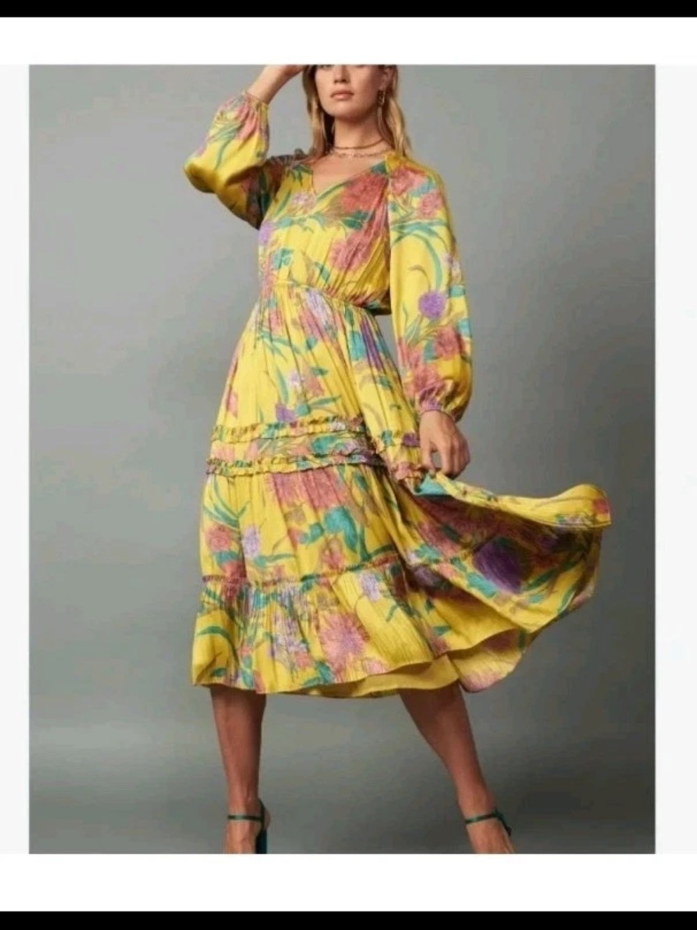 Current Air Yellow Floral Tiered Midi Dress with Puff Sleeves